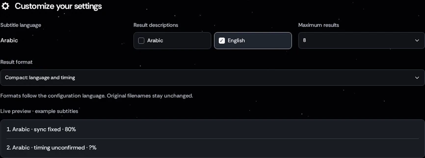 Subtitle language and result settings